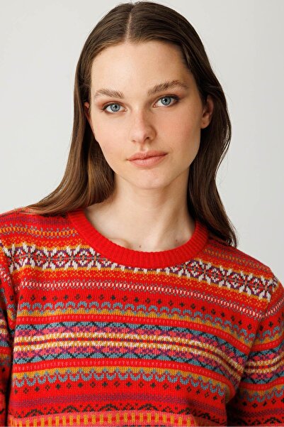 Desen Triko Women's Crew Neck Complete Jacquard Wool Sweater Coral
