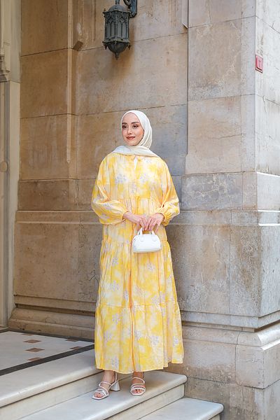 LOCCO Women's Abstract Flower Patterned Dress Yellow