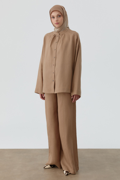 Tuğba Kesik Detaylı Bol Paça Pantolon - Vizon