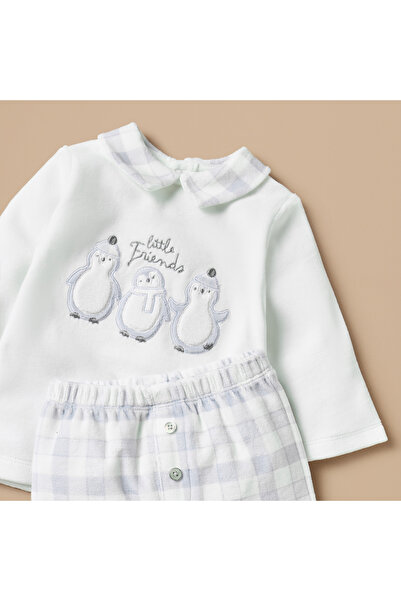 giggles Penguin Embroidered Top and Checked Pyjama Set