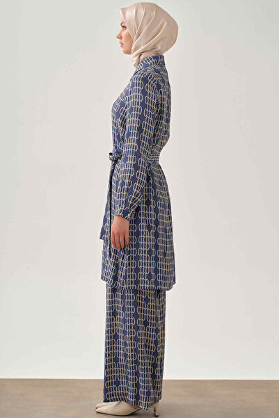 Tuğba Desenli Tunik Pantolon Takım - İndigo