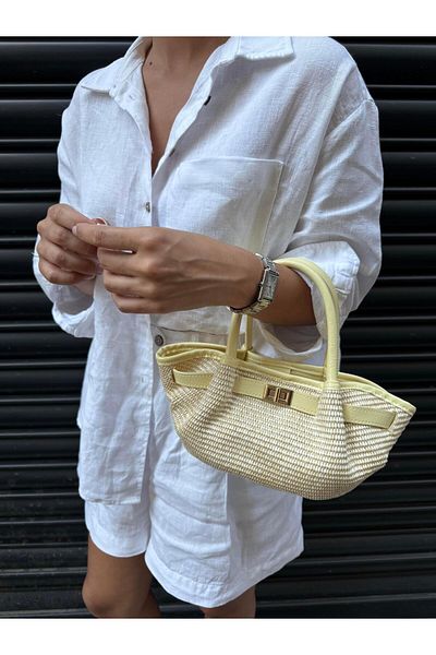 Tina İstanbul Belt Detailed Mini Straw Bag Yellow