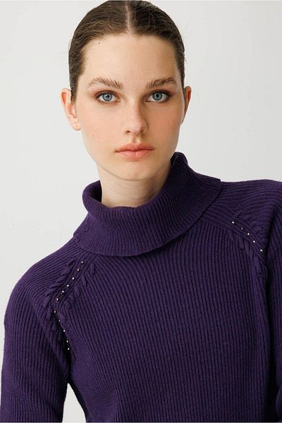 Desen Triko Women's Full Turtleneck Sleeve Beaded Wool Sweater K.Purple