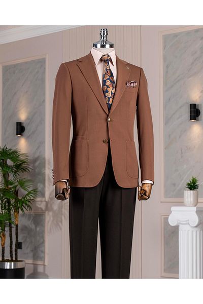 TerziAdemAltun Italian Style Slim Fit Mono Collar Men's Single Jacket Coffee T14375