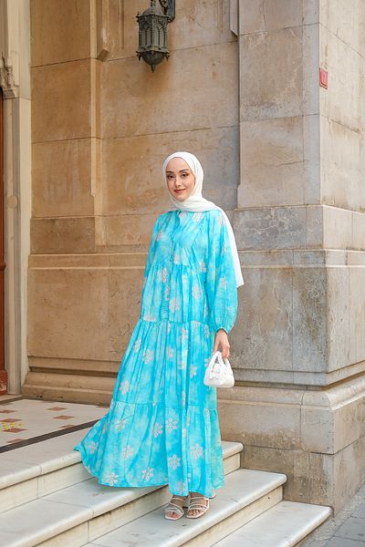 LOCCO Rochie de damă cu model floral abstract albastru deschis