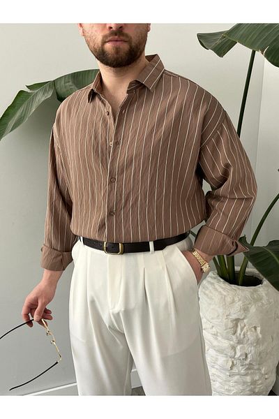Gambocci Men's Oversize Long Sleeve Striped Shirt
