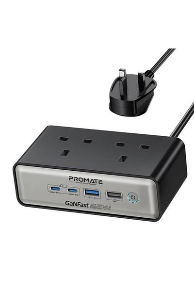 Promate 65W GaNFast™ 6-in-1 Multi-Port Charging Station with AC Outlets
