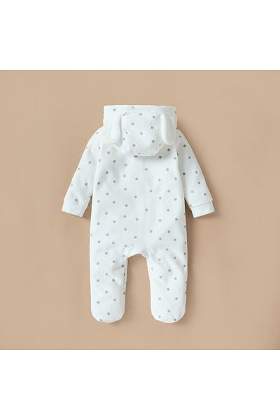 Juniors Polka Dot Print Hooded Velour Sleepsuit with Bunny Ear Accent