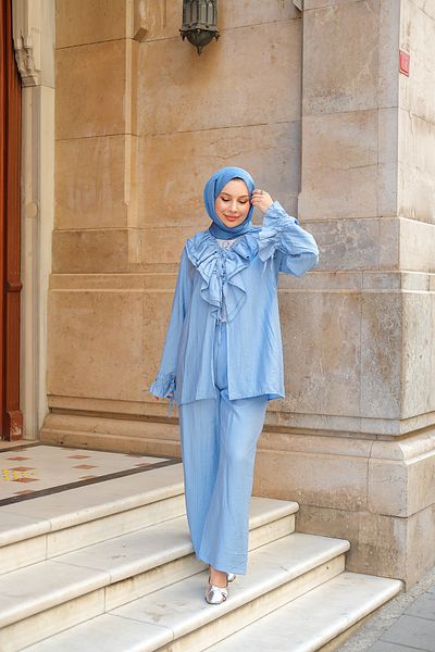 LOCCO Women's Ruffle Detail Double Suit Light Blue