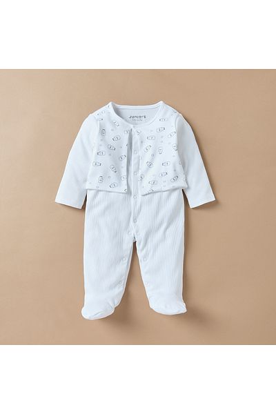 Juniors Milk Bottle Print Closed Feet Sleepsuit with Long Sleeves and Soft Toy