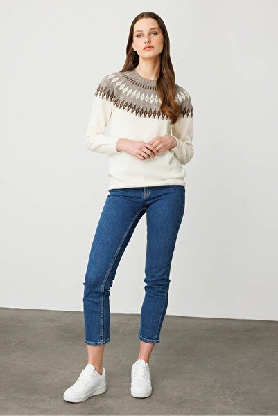 Desen Triko Women's Crew Neck Robe Diamond Wool Sweater Bone