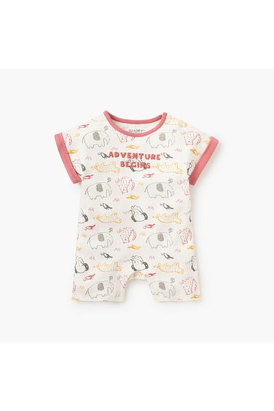 Juniors All-Over Animal Print Romper with Round Neck and Short Sleeves