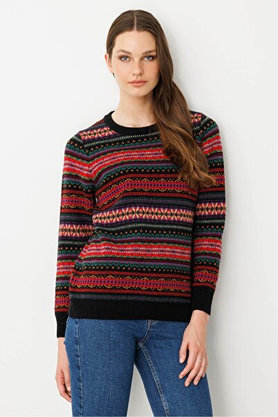 Desen Triko Women's Crew Neck Complete Jacquard Wool Sweater Black