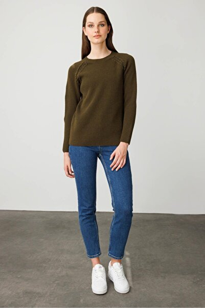 Desen Triko Women's Crew Neck Beaded Wool Sweater A.Green