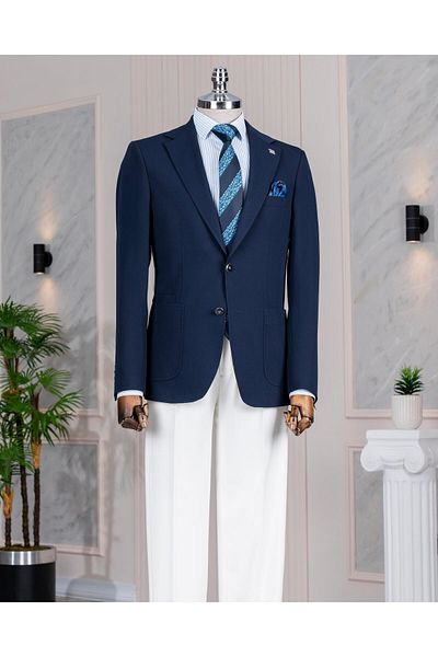 TerziAdemAltun Italian Style Slim Fit Mono Collar Men's Single Jacket Navy Blue T14377