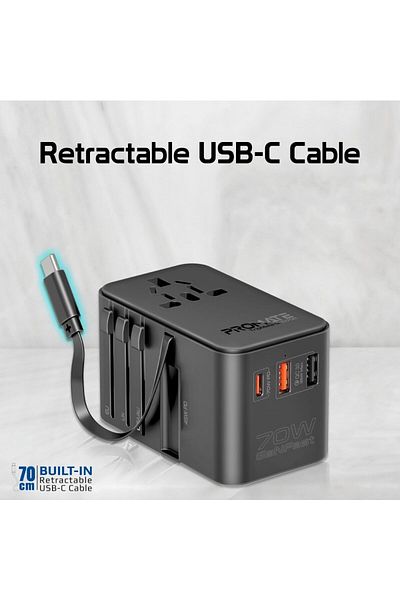 Promate TripMate-GaN70R 70W GaN Universal Travel Adapter with Retractable USB-C Cable