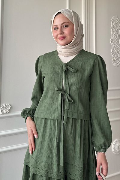InStyle Crepe Mint Green Suit with Ribbon Lace Detail Skirt