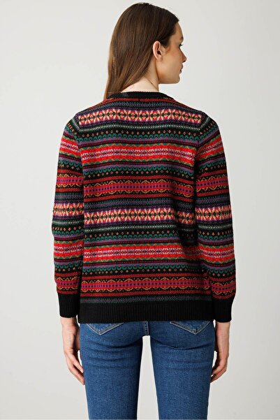 Desen Triko Women's Crew Neck Complete Jacquard Wool Sweater Black