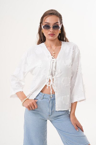 Laressi Jacquard Linen Kimono Shirt with Front Lace-Up