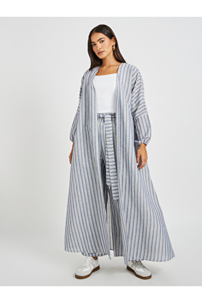 Styli كيمونو مخطط من الكتان بقصّة عادية وطول ماكسي