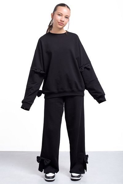 Cansın Mini Black Slit Leg Bow Detailed Girl's 2-Piece Tracksuit Set 21215