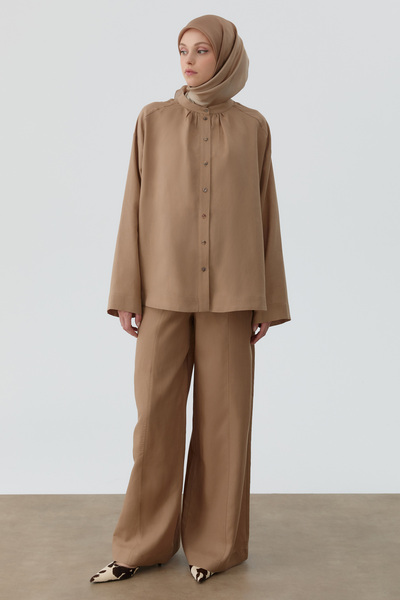 Tuğba Kesik Detaylı Bol Paça Pantolon - Vizon