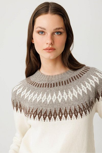 Desen Triko Women's Crew Neck Robe Diamond Wool Sweater Bone