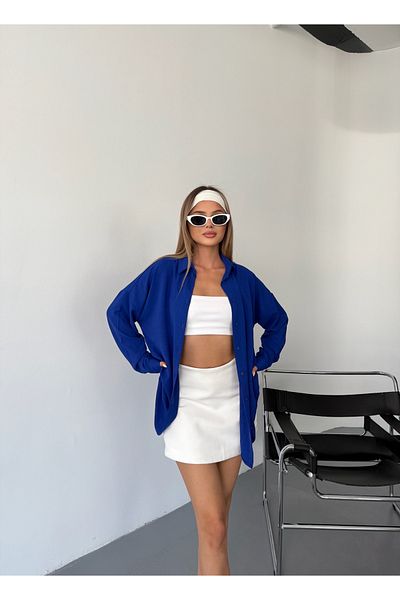 COMBİNE MİCHAİL Γυναικείο πουκάμισο Saks Blue Oversize λινό Ayrobin