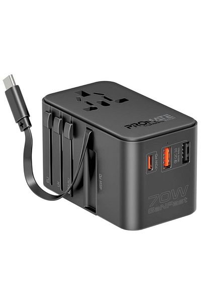 Promate TripMate-GaN70R 70W GaN Universal Travel Adapter with Retractable USB-C Cable