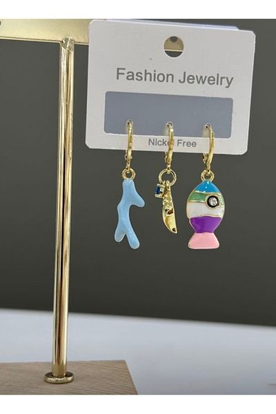 AychaAksesuar Steel Vip Series Colorful Fish Murano Glass Set of 3 Earrings