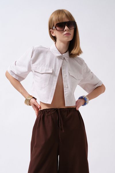 Black Fashion Cămașă crop gri din in cu jumătate de mânecă cu detaliu de buzunar