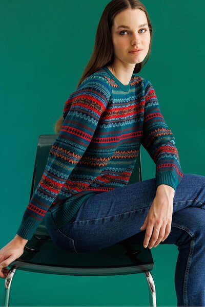 Desen Triko Women's Crew Neck Complete Jacquard Wool Sweater Early C. E.