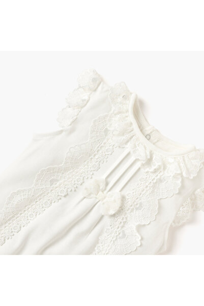 giggles Lace Detail Romper with Short Sleeves and Bow Applique