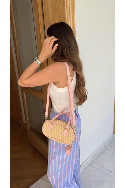 Tina İstanbul Straw Bag with Bag Accessories Pink