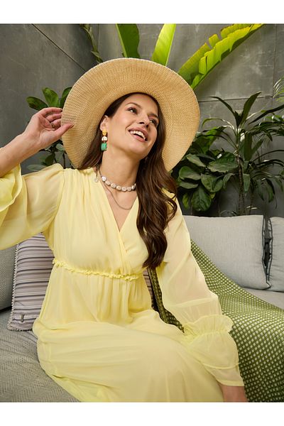 Sassafras By Styli Pleated Ruffled Detail V-Neck Flared Maxi Dress