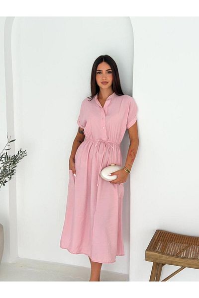 Elaxi Woven Modal, Buttoned, Slit, Belt Detailed Long Dress