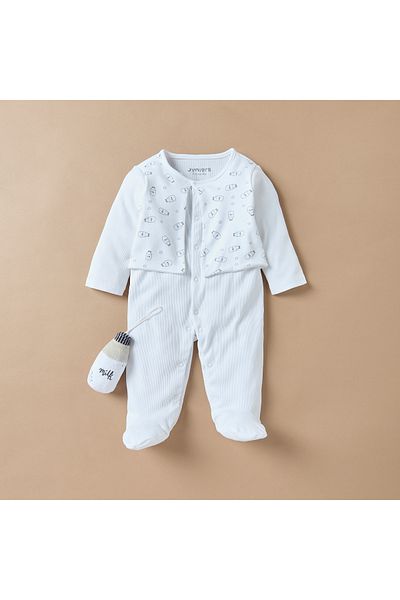 Juniors Milk Bottle Print Closed Feet Sleepsuit with Long Sleeves and Soft Toy