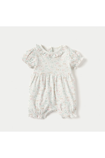 Juniors Floral Print Romper with Round Neck and Short Sleeves