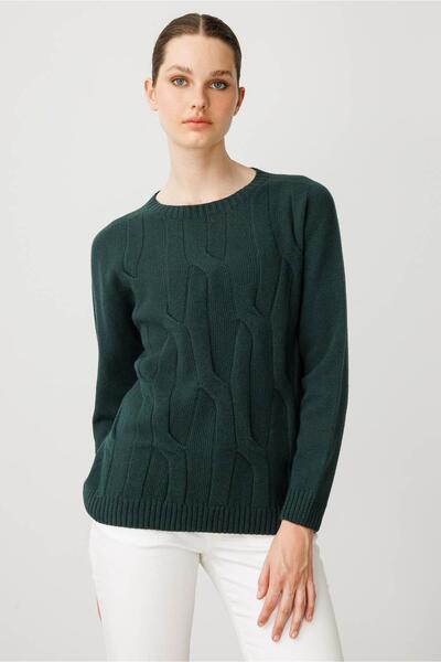 Desen Triko Women's Crew Neck Thick Walking Wool Sweater Green
