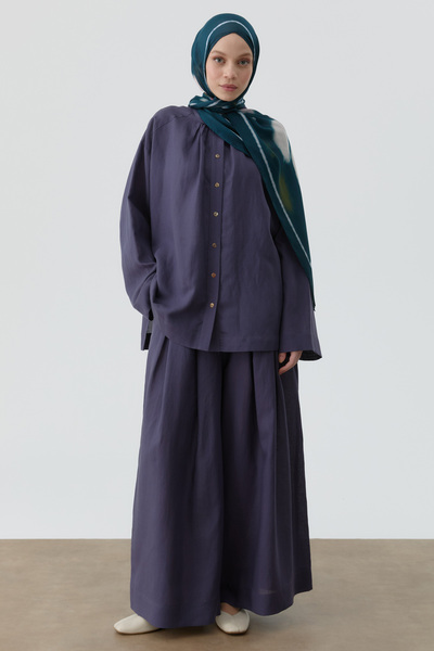 Tuğba Bel Lastikli Plikaşe Detaylı Pantolon - İndigo