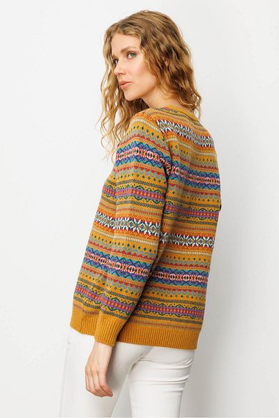 Desen Triko Women's Crew Neck Complete Jacquard Wool Sweater Mustard
