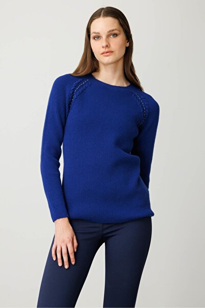 Desen Triko Kadın Sıfır Yaka Boncuklu Yün Kazak K.S.Mavi