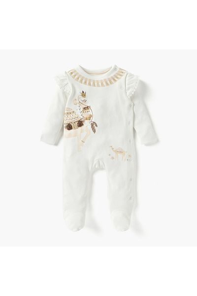Juniors Camel Embellished Sleepsuit with Round Neck and Long Sleeves