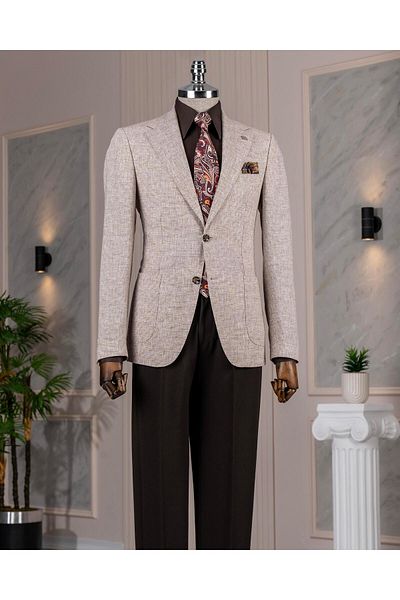 TerziAdemAltun Italian Style Slim Fit Mono Collar Men's Single Jacket Brown T14357