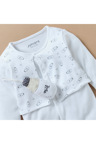 Juniors Milk Bottle Print Closed Feet Sleepsuit with Long Sleeves and Soft Toy