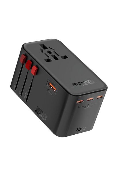 Promate 160W Travel Adapter with 2500W Universal AC Socket, GaNFast™ Technology