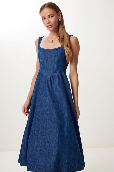 Lovelyİstanbul Thick Strap Midi Denim Dress Lfg0038 Dark Blue