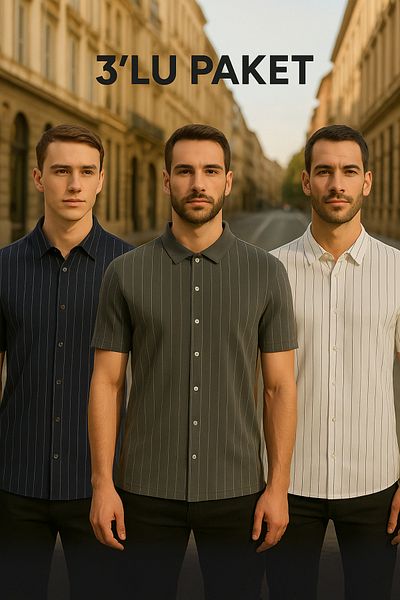 DAMGA JEANS Ανδρικό 3 πακέτο κοντομάνικο ριγέ φαρδύ πουκάμισο