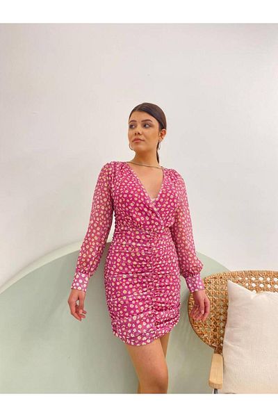 Nesil Double Breasted Collar Crispy Floral Body-Hugging Chiffon Lined Women's Mini Dress