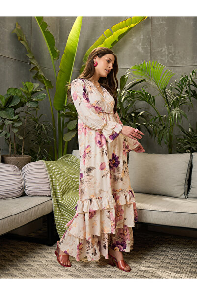 Sassafras By Styli Floral Print V-Neck Flared Maxi Dress